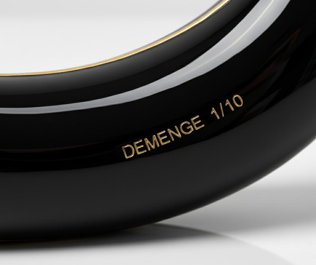 A close-up view of the black and gold banana sculpture showing the engraved gold text “DEMENGE 1/10,” highlighting its limited-edition status.