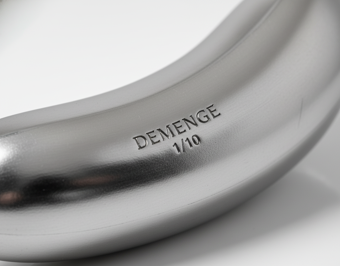 A detailed close-up of the silver banana sculpture engraved with the text “DEMENGE 1/10,” emphasizing its limited-edition marking and fine metallic texture.