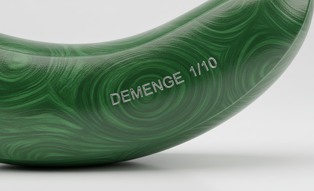 A close-up of the green banana sculpture engraved with the text “DEMENGE 1/10,” emphasizing the limited-edition marking on its malachite-patterned surface.