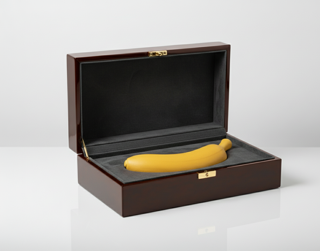 The yellow banana sculpture displayed in a polished dark wooden presentation box lined with soft black velvet and gold hardware.