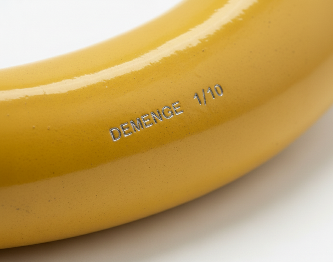 A close-up of the yellow banana sculpture engraved with the text “DEMENGE 1/10,” showcasing its limited-edition marking and glossy finish.