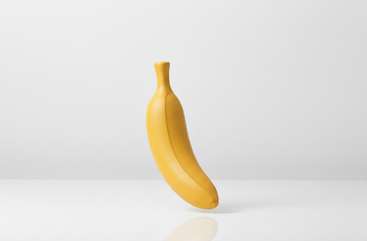 A matte yellow banana-shaped sculpture with a fine leather-like texture, floating elegantly against a clean white background.