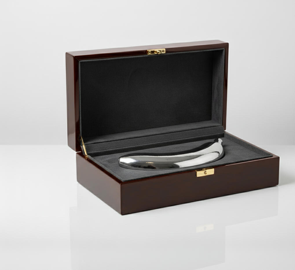 A polished silver banana-shaped sculpture resting in a luxurious dark wooden display box lined with black velvet and gold accents.
