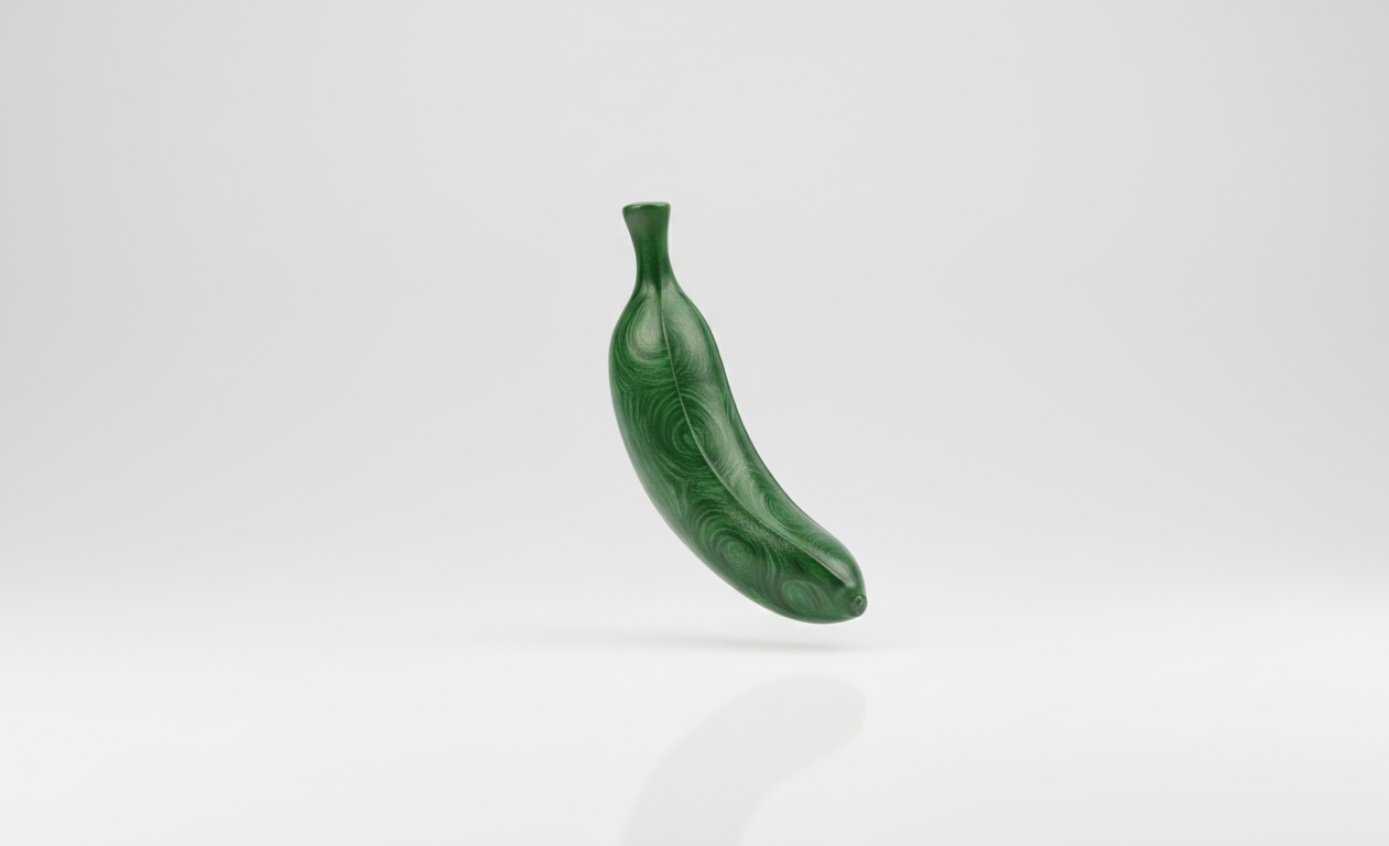 A sculptural green banana-shaped object with smooth, glossy malachite-like texture floating against a clean white background.